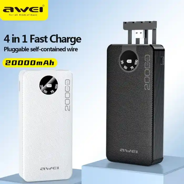 Awei P134K 4 in 1 20000mAh Mobile Power Bank with PD22.5W Fast Charging - C/Lightning/Micro Cable Power Bank for External Backup Batteries for iOS and Android